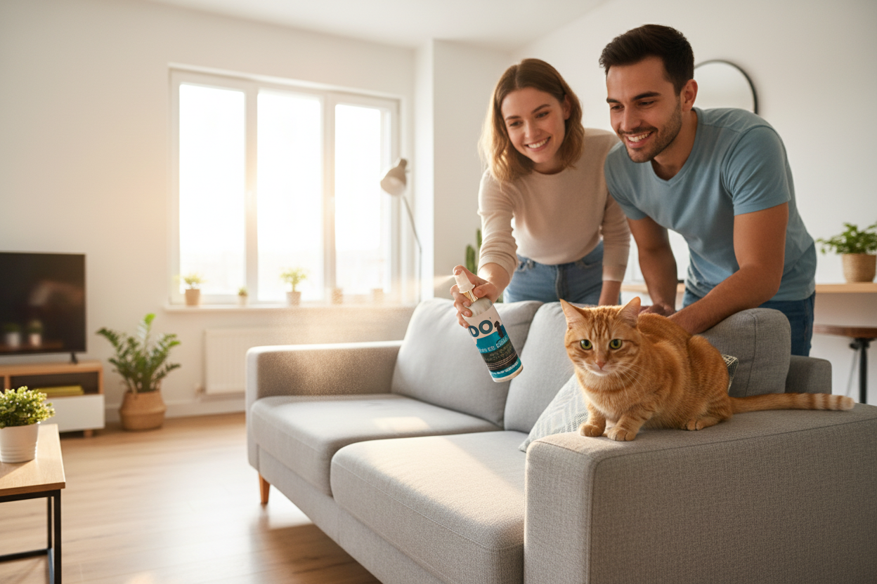 Pareja joven usando TODO Eliminador de Orina en sofá mientras gato observa